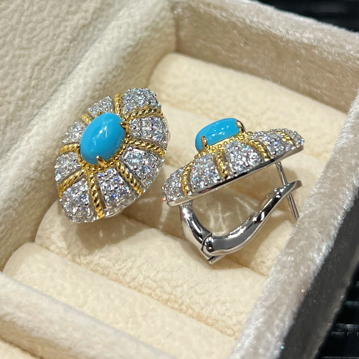 Turquoise Sunburst Earrings Hinged Omega Back Closure Detail - 925 Silver
