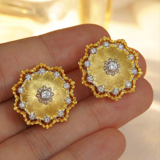 close up of vintage inspired gold flower earrings with sparkling CZ stones