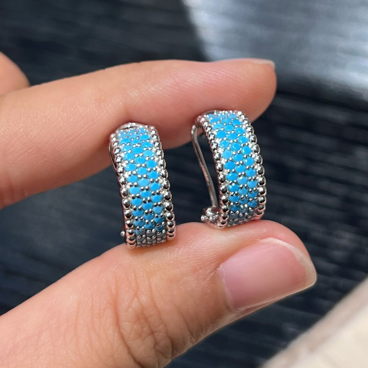 Turquoise Pavé Wide C-Hoop Earrings Handheld View - 925 Sterling Silver