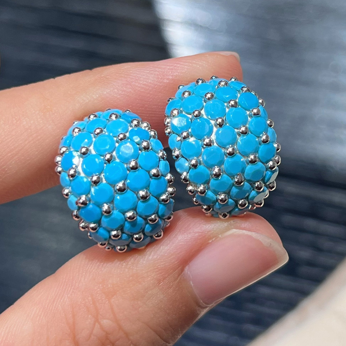 Created Turquoise Wide Huggie Earrings in 925 Silver - Handheld Size View