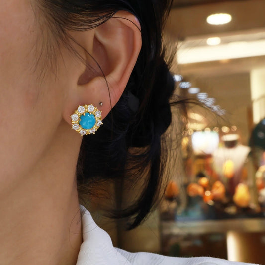 woman wearing blue turquoise gold halo stud earrings elegant vintage style