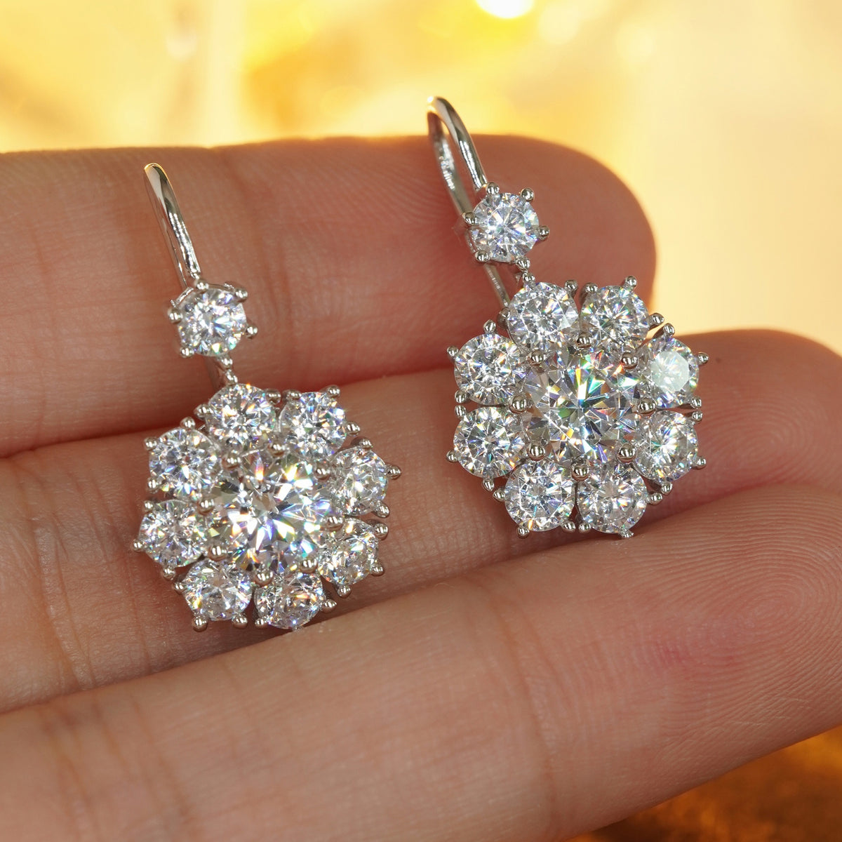 Brilliant 5A CZ Floral Drop Earrings in 925 Sterling Silver - Handheld Size View