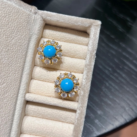 azure lumiere created turquoise halo stud earrings with gold and crystal setting
