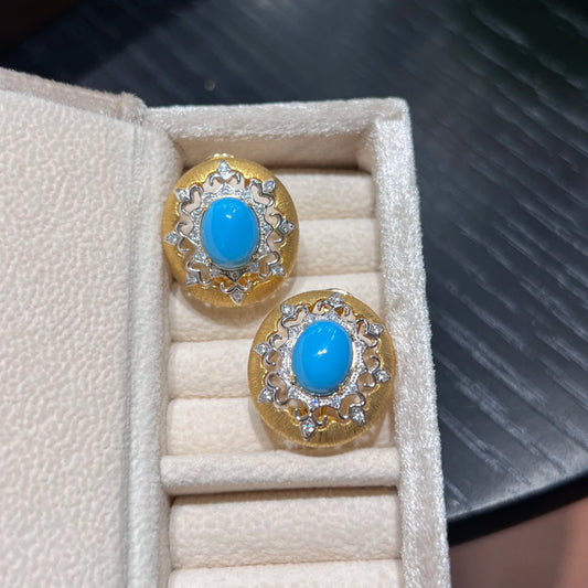 vintage turquoise halo stud earrings with gold plated sterling silver setting