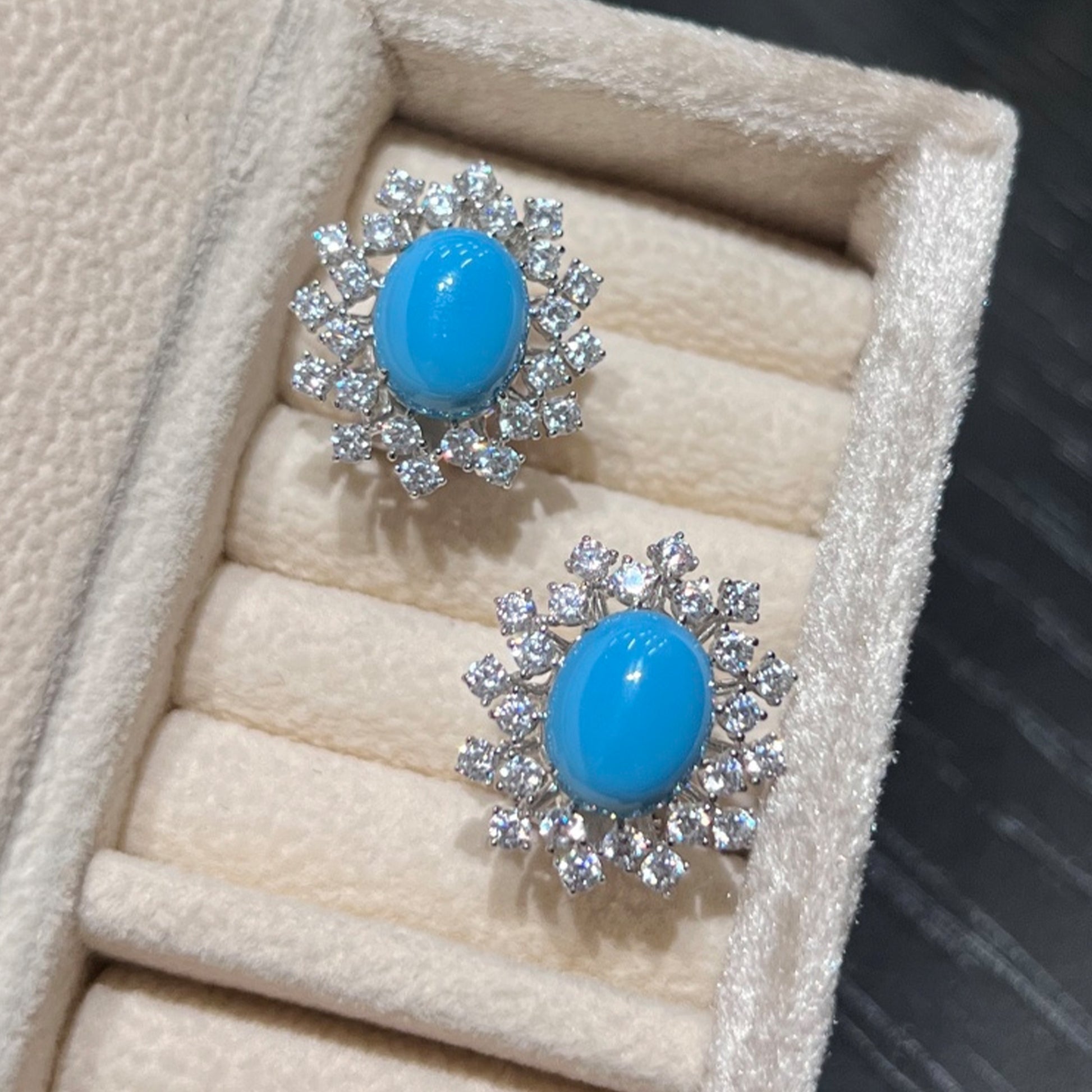 blue turquoise halo stud earrings with cubic zirconia details