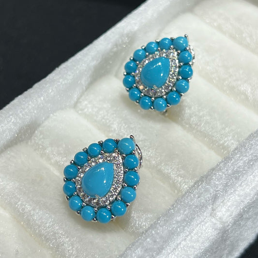 Azure Vintage Turquoise Teardrop Stud Earrings 18K White Gold Plated 925 Silver - Noble Aurora