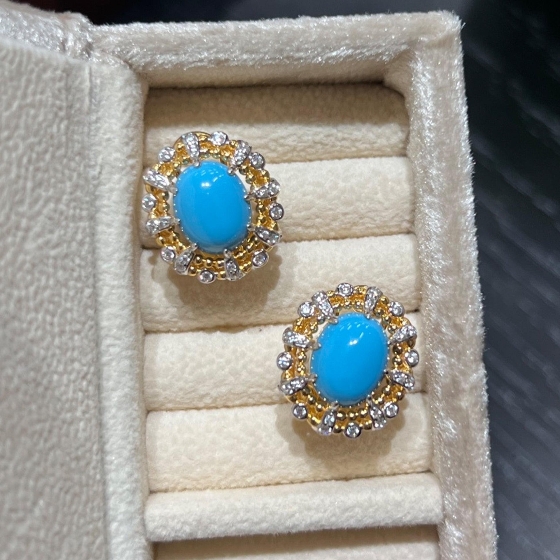 azure celeste created turquoise halo stud earrings with gold setting
