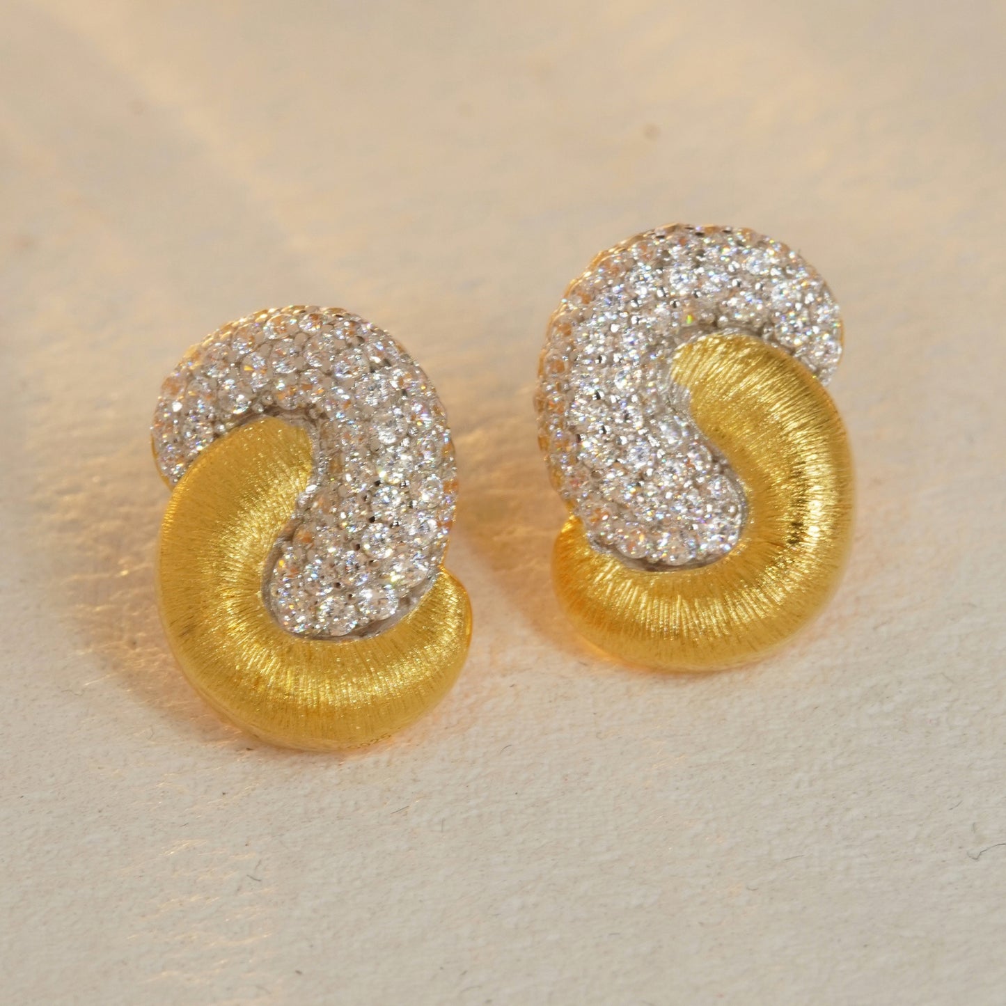 brushed gold CZ hoop earrings with sparkling cubic zirconia details