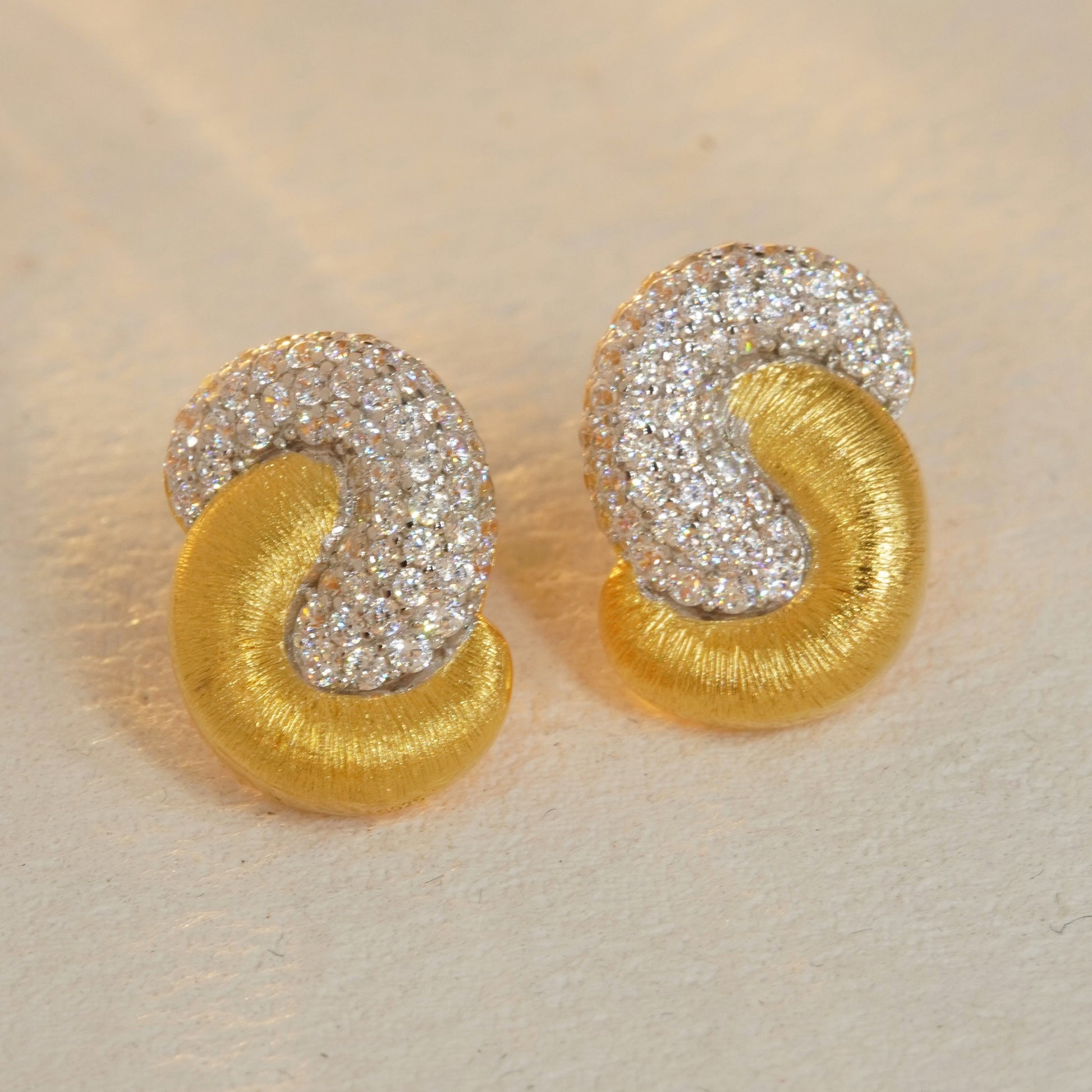 brushed gold CZ hoop earrings with sparkling cubic zirconia details