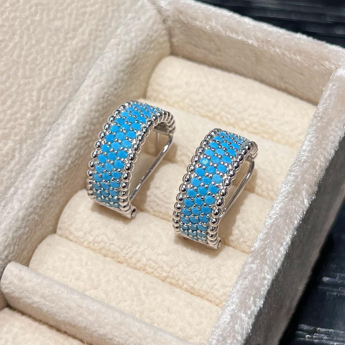 Azure Pavé Turquoise C-Hoop Earrings 18K White Gold Plated 925 Silver - Noble Aurora