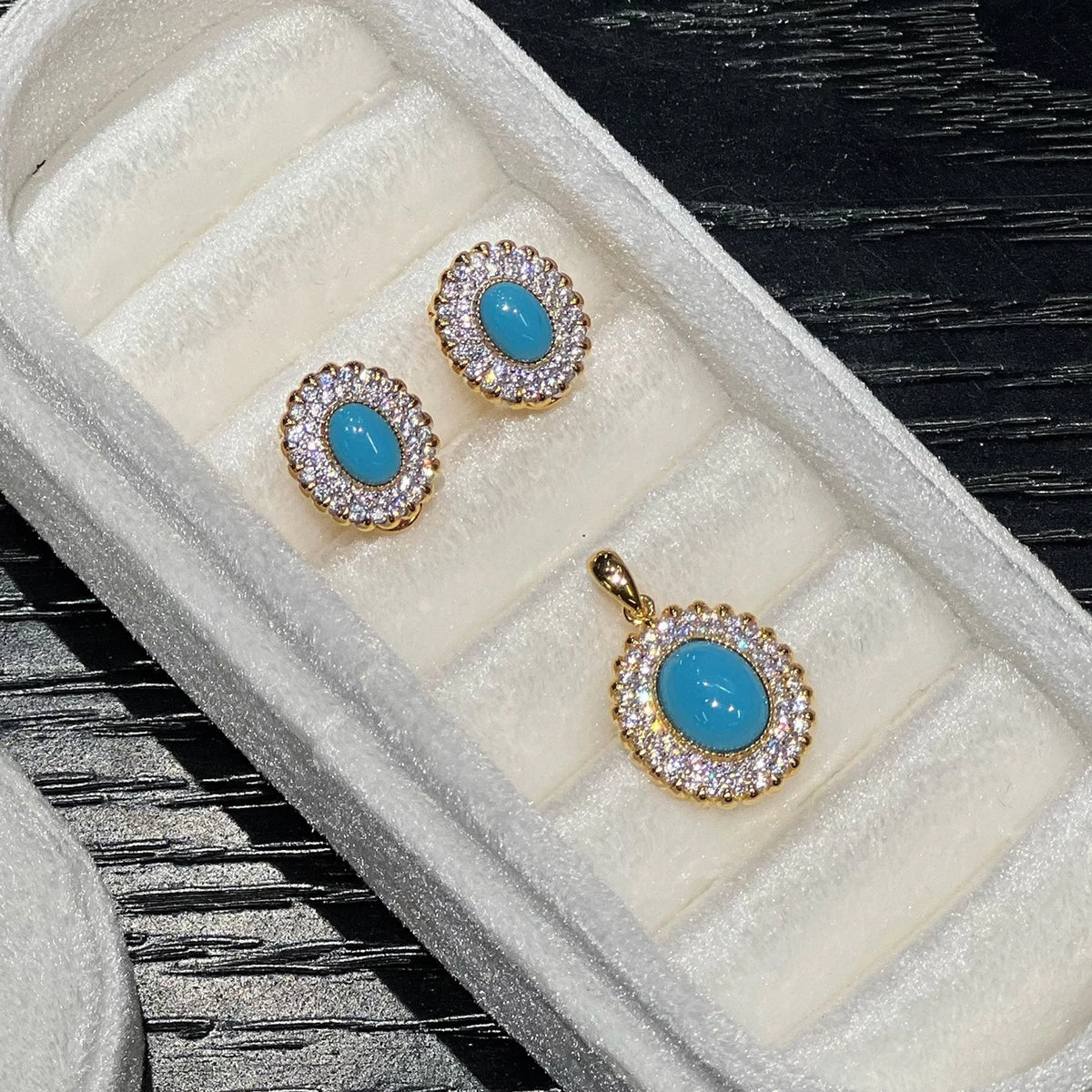 Azure Celestia created turquoise halo earring and pendant set in 18K gold plated sterling silver