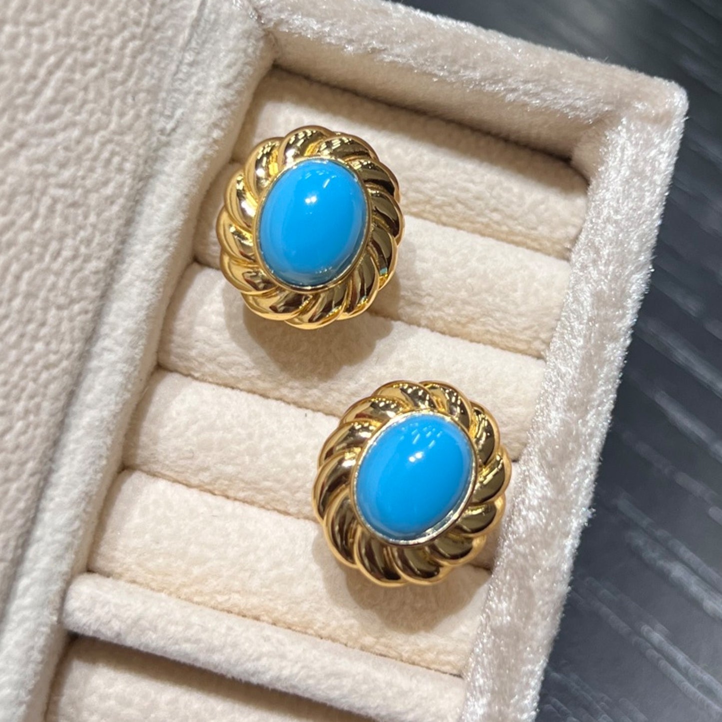 azure solara created turquoise gold stud earrings with twisted vintage design