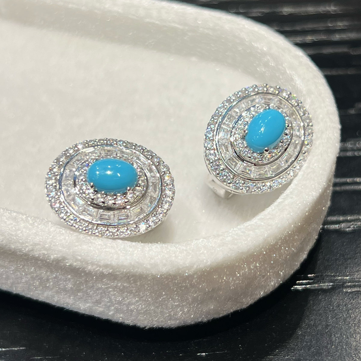 Azure Vintage Turquoise Double Halo Stud Earrings in 925 Silver & 5A CZ - Noble Aurora