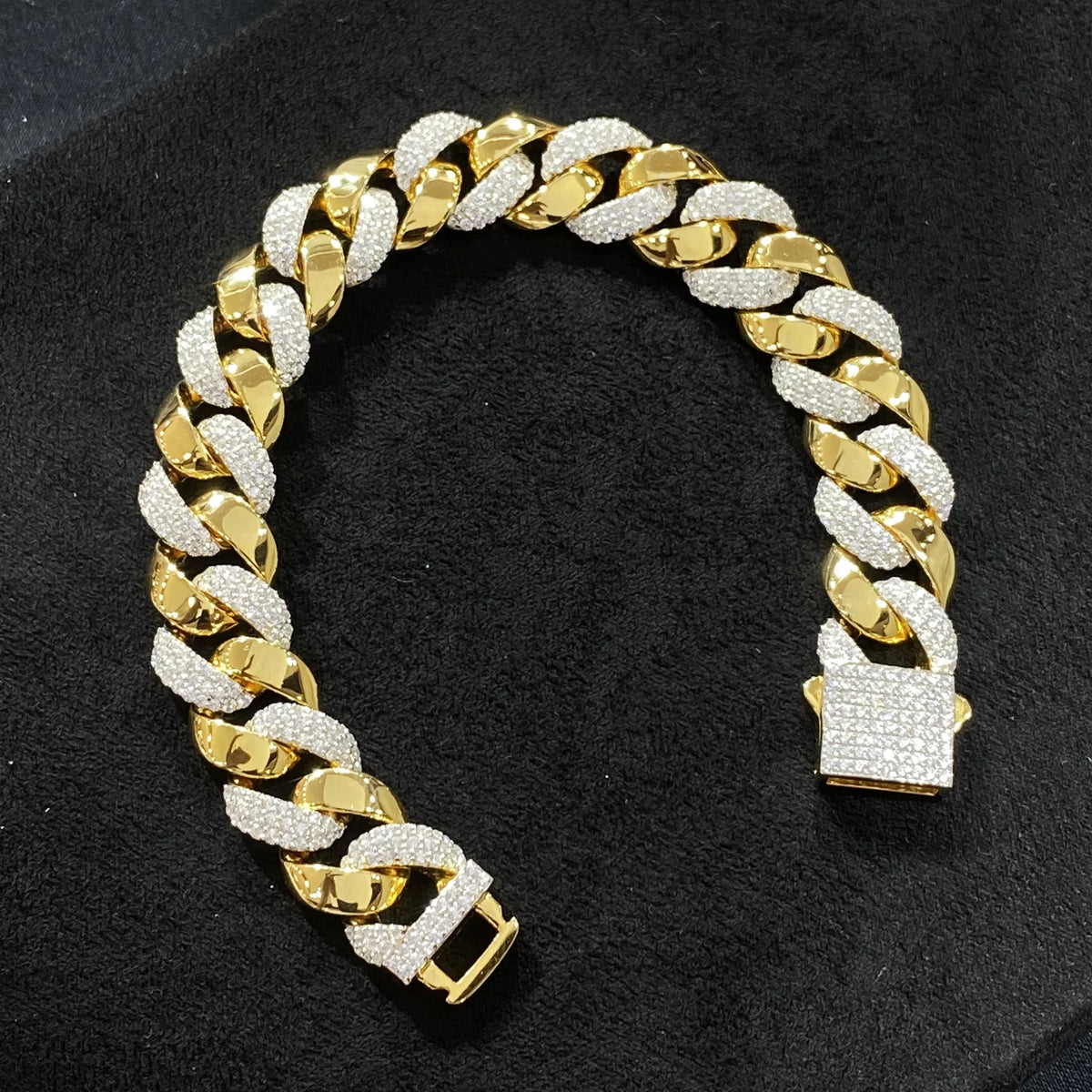Sculpted two-tone pave Cuban link bracelet in 18K gold plated sterling silver