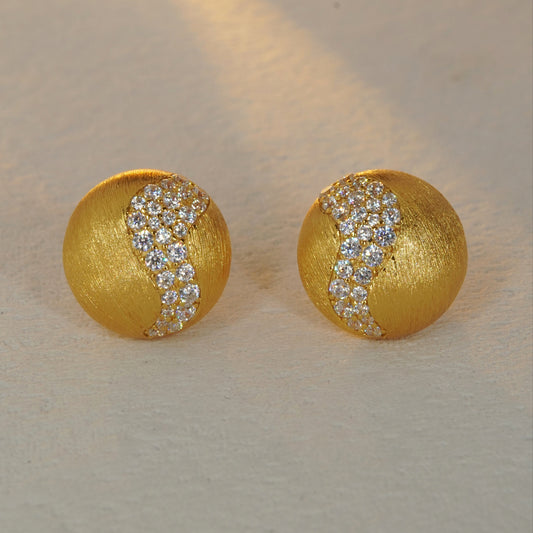 brushed gold CZ accent stud earrings with minimalist round design