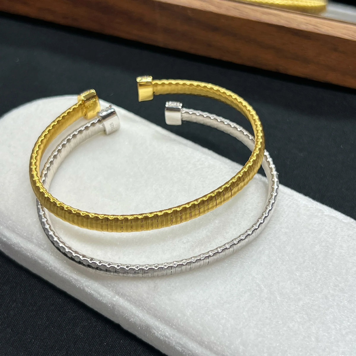 Gold and silver brushed open cuff bracelets in sterling silver