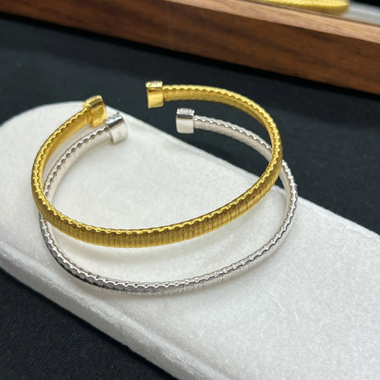 Gold and silver brushed open cuff bracelets in sterling silver