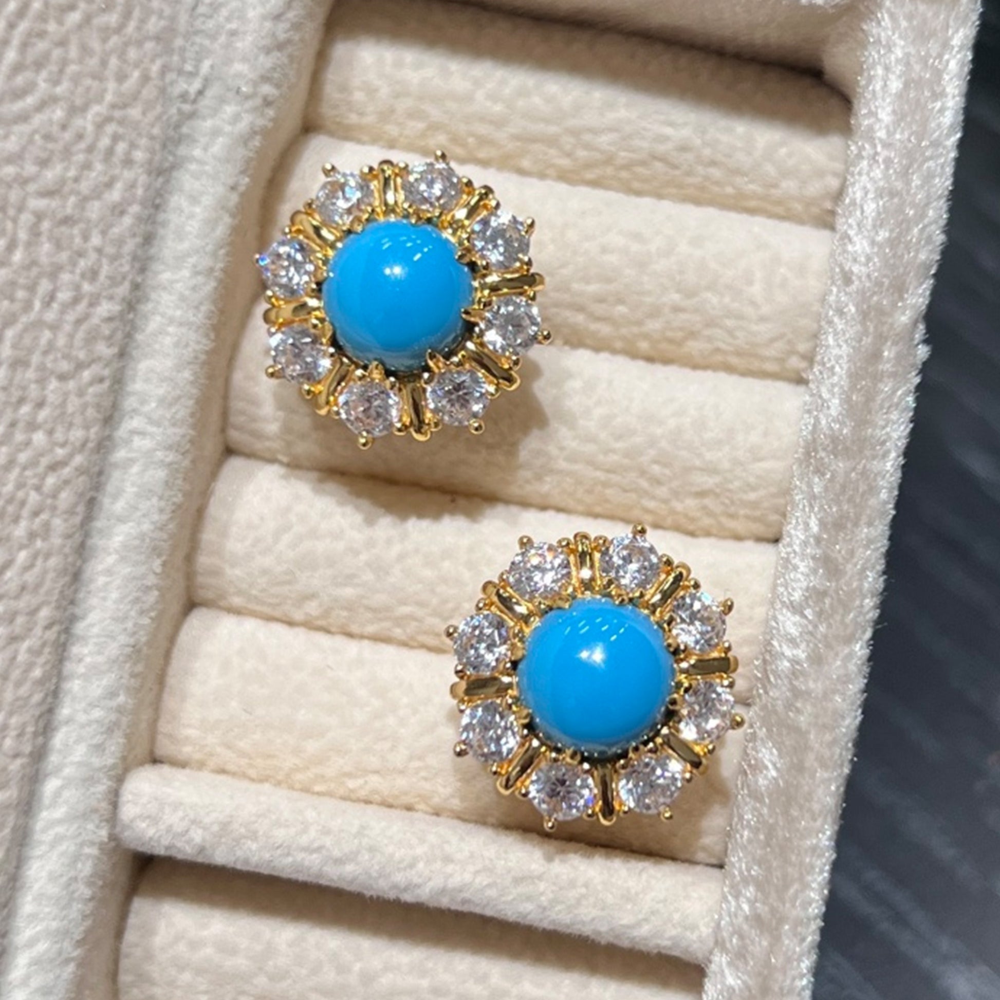 azure lumiere created turquoise halo stud earrings with gold and crystal setting