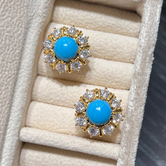 azure lumiere created turquoise halo stud earrings with gold and crystal setting