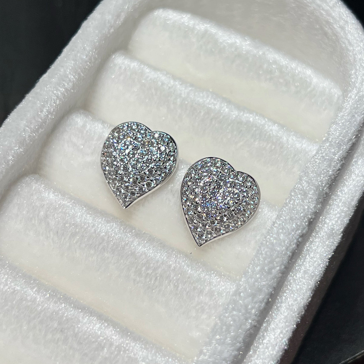 Sculpted Pavé 5A CZ Heart Stud Earrings in 18K White Gold Plated 925 Silver - Noble Aurora