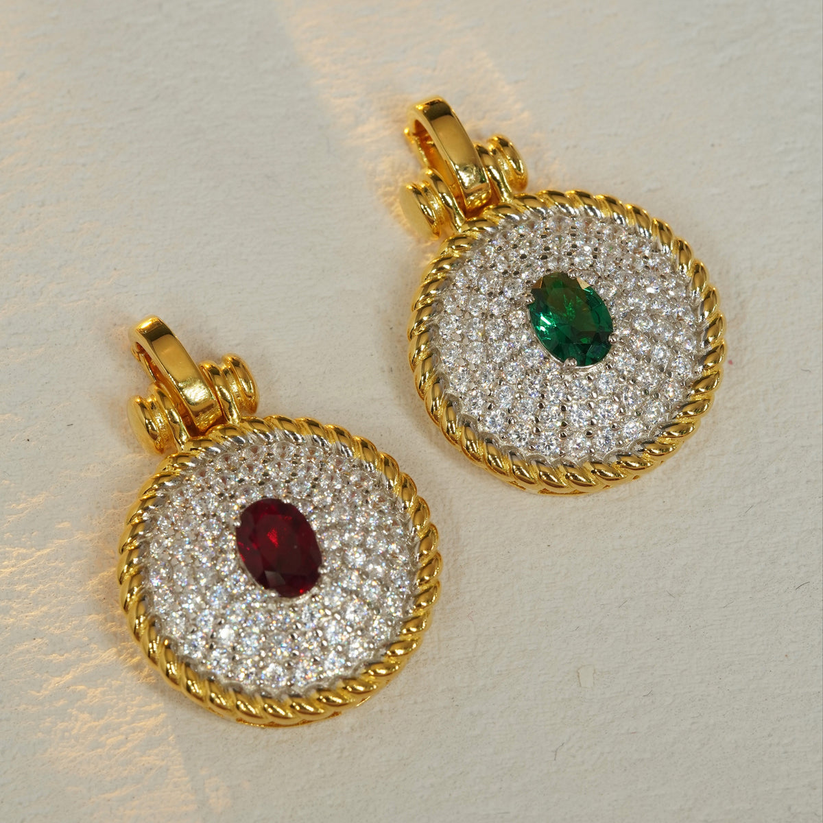 Red and green oval cubic zirconia pavé rope-edge pendants