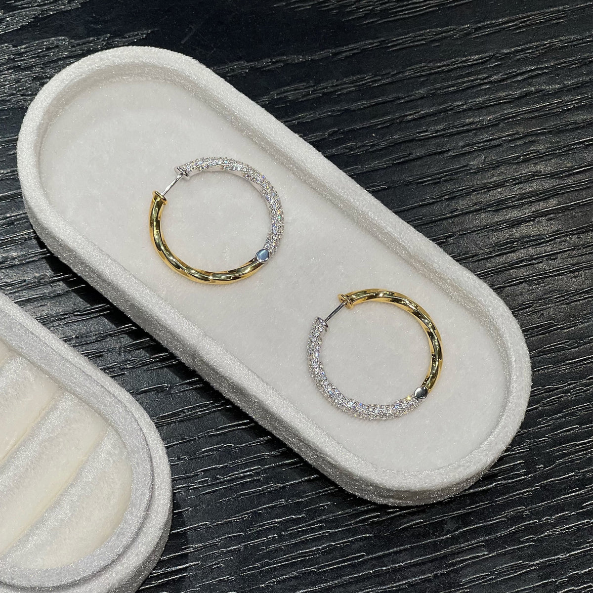 Sculpted Two-Tone Pavé 5A CZ Hoop Earrings in 925 Silver & 18K Gold - Noble Aurora