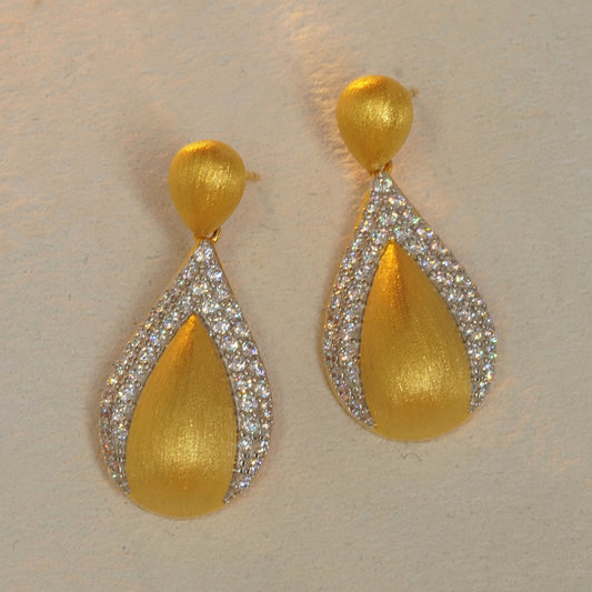 brushed gold teardrop CZ drop earrings with sparkling pavé details