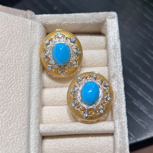 vintage turquoise halo stud earrings with gold plated sterling silver setting