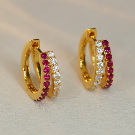 ruby and CZ gold huggie hoop earrings with sparkling gemstone details