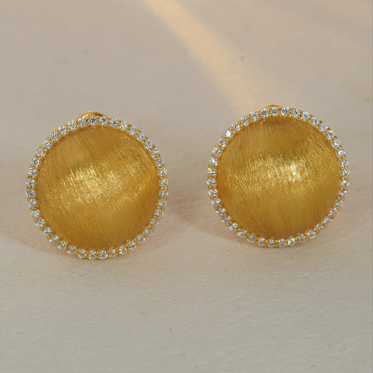 brushed gold round CZ halo stud earrings with sparkling gemstone border