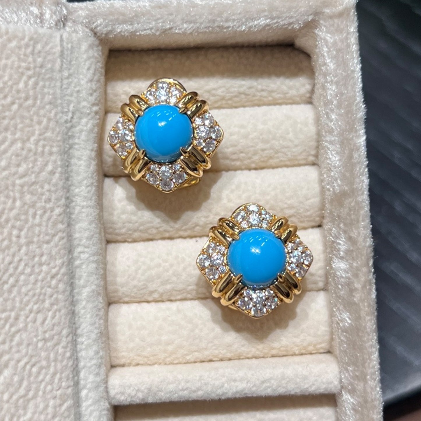 azure etoile created turquoise vintage stud earrings with gold floral setting