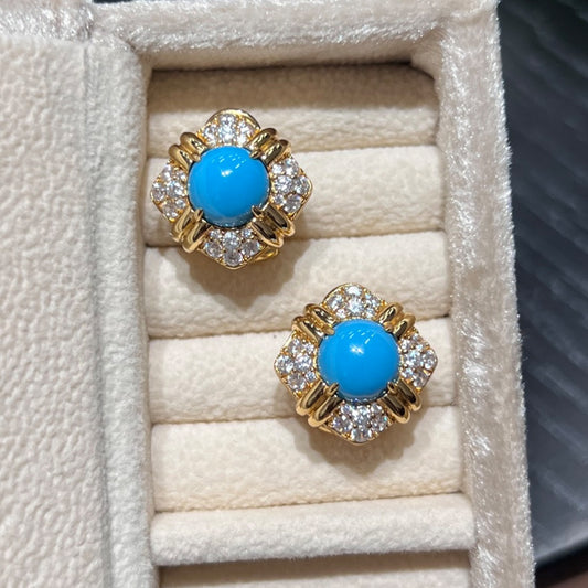 azure etoile created turquoise vintage stud earrings with gold floral setting
