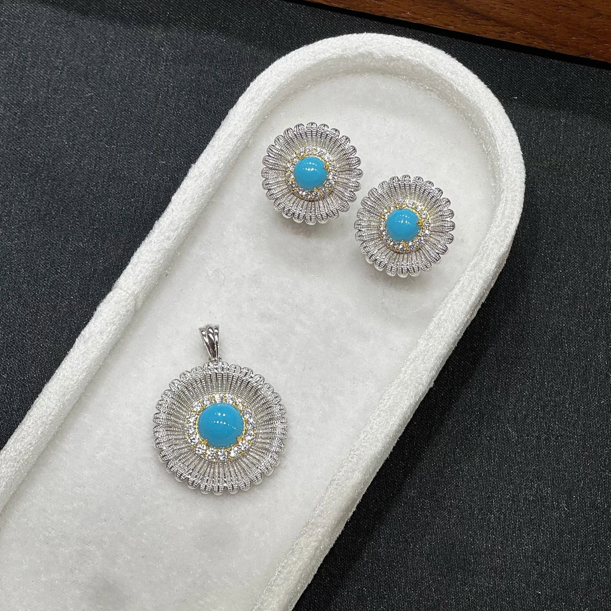 Azure brushed sunburst created turquoise pierced earrings and pendant set