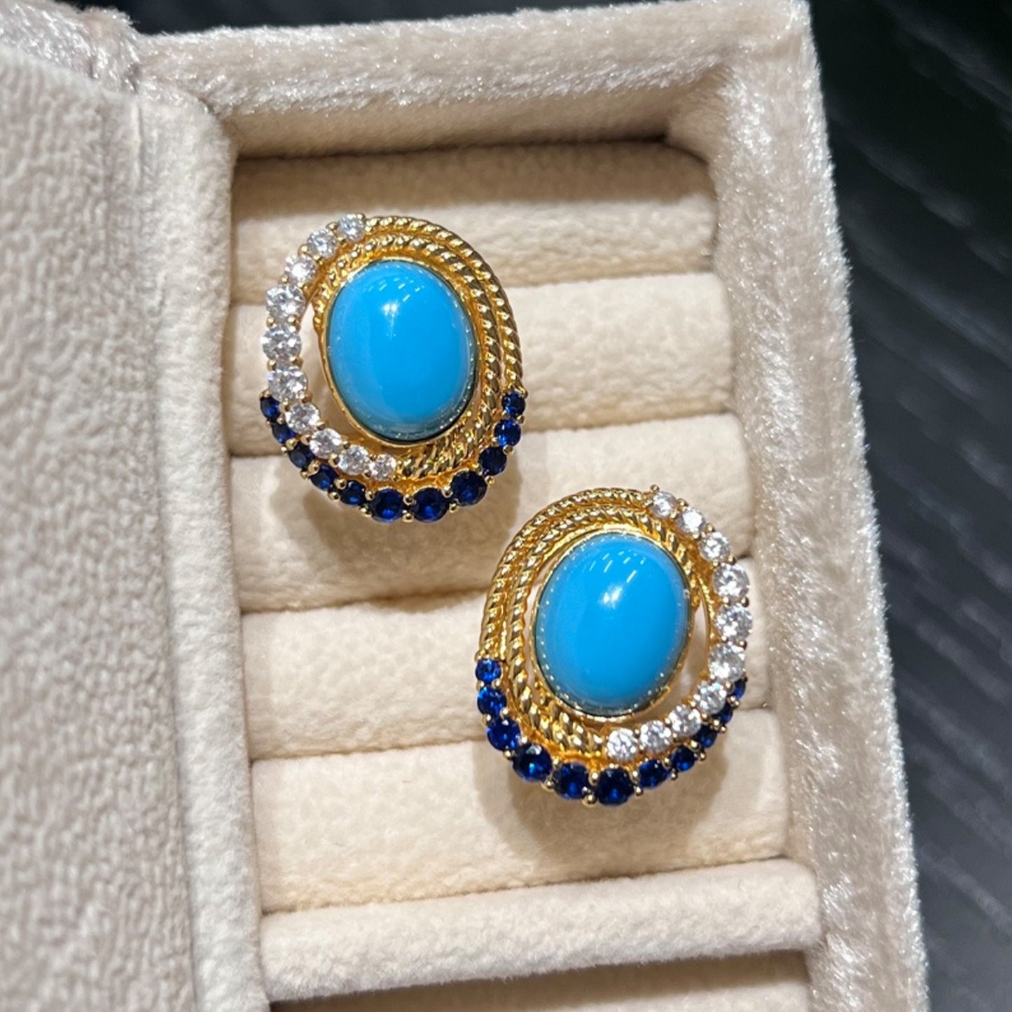 azure royale created turquoise halo stud earrings with blue and clear cubic zirconia