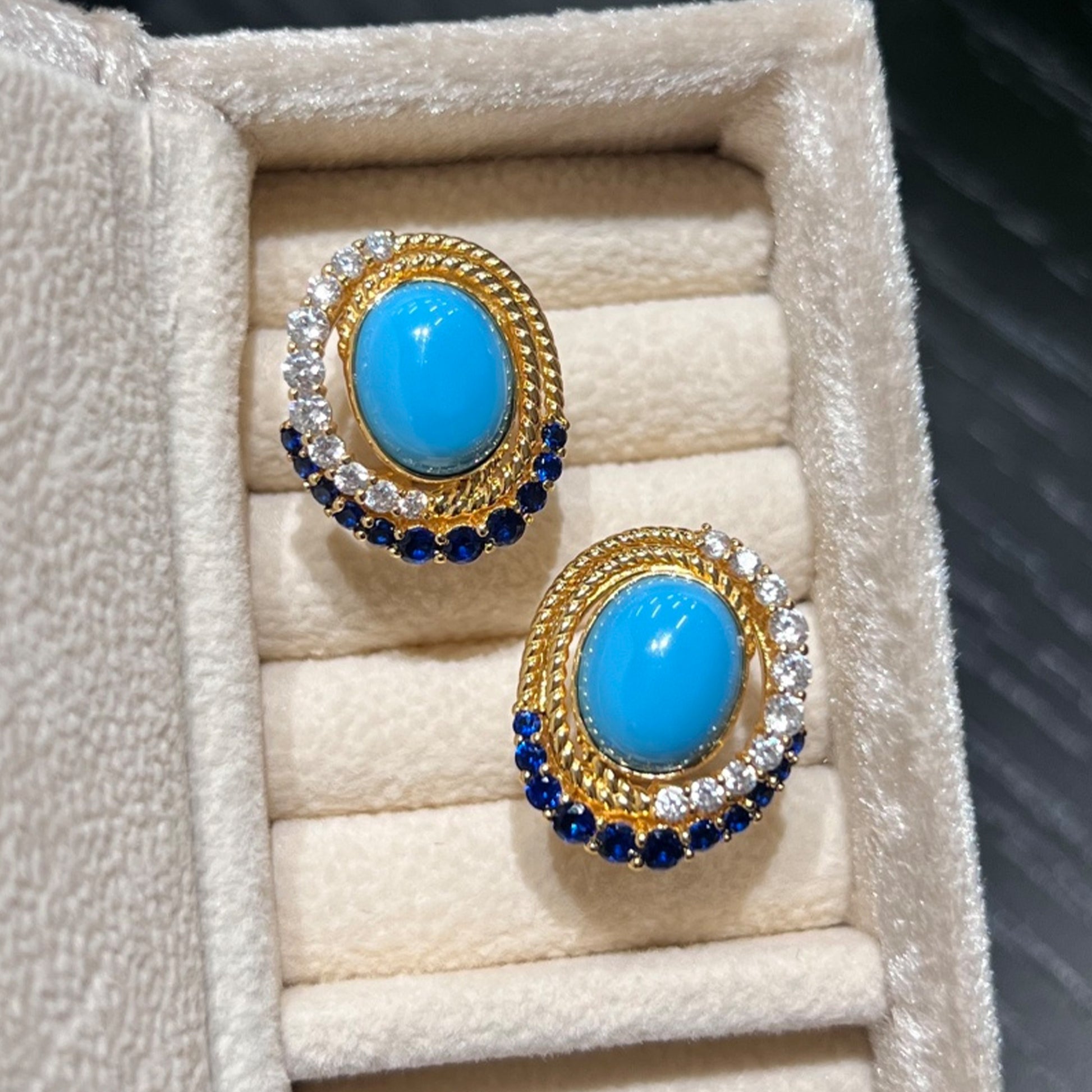 azure royale created turquoise halo stud earrings with blue and clear cubic zirconia