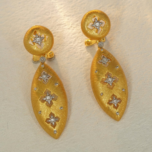 18K gold plated floral teardrop earrings with brushed texture and CZ accents