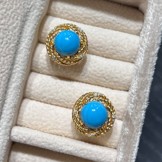 vintage turquoise blue stud earrings with 18k gold plated halo setting
