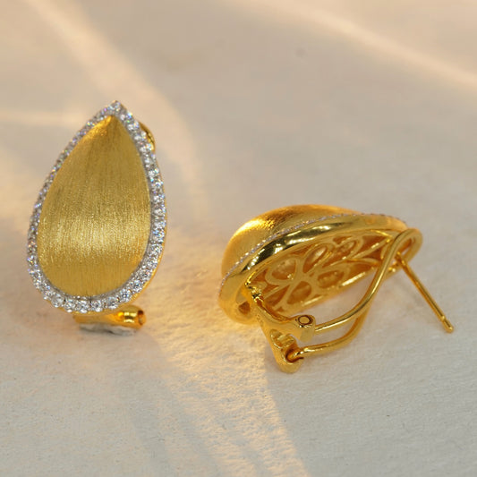 Brushed Gold Teardrop CZ Earrings