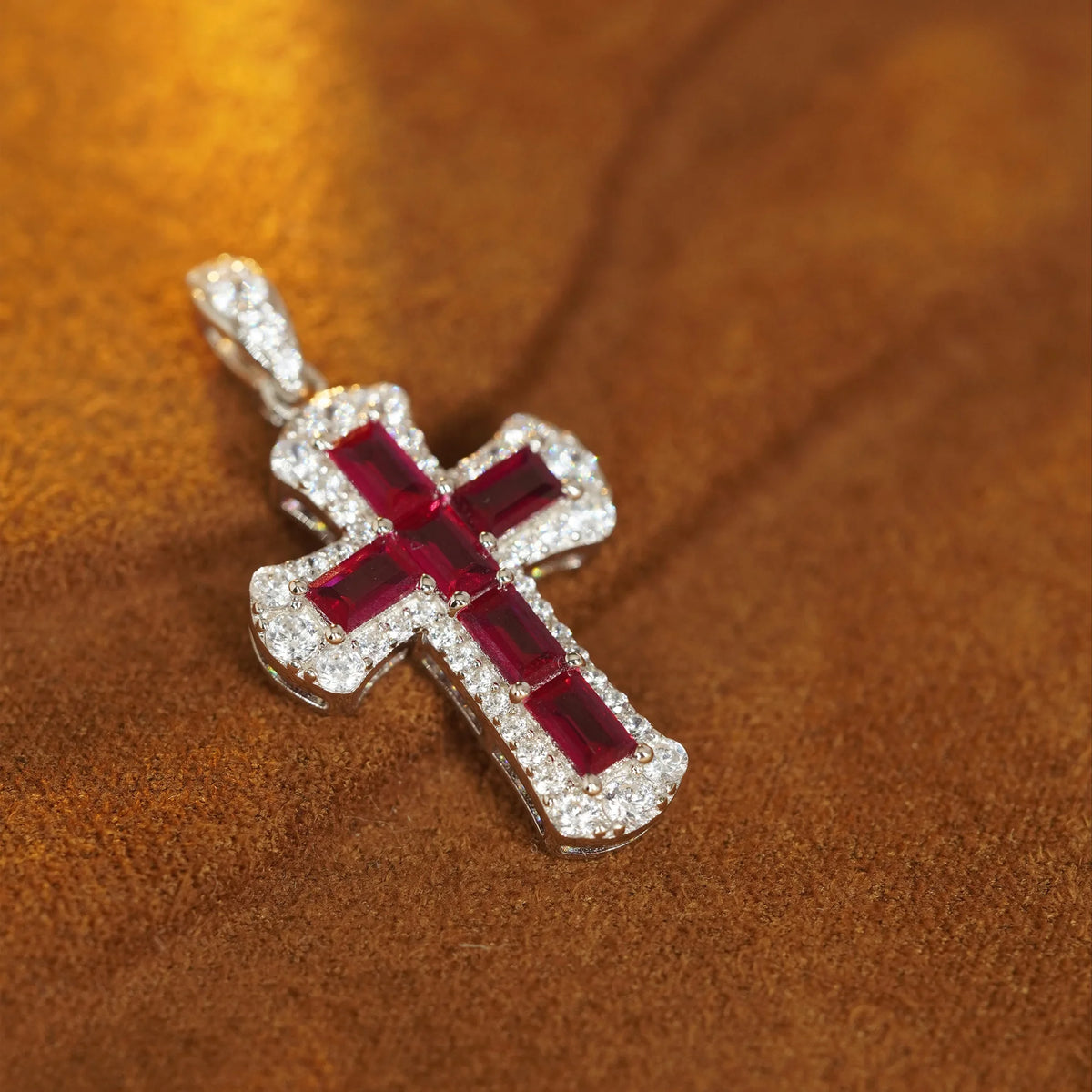Red baguette-cut cubic zirconia cross pendant with round CZ halo