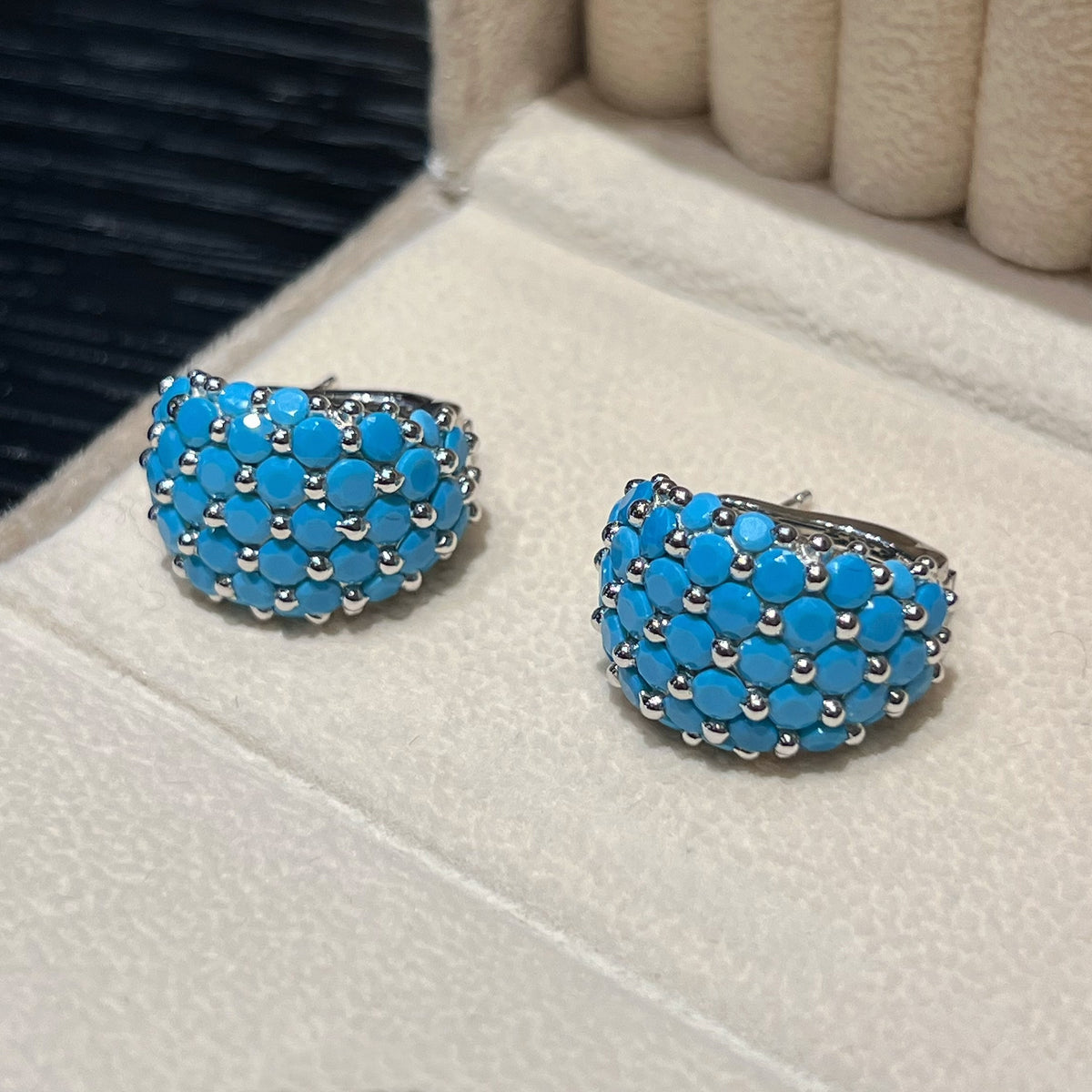 Created Turquoise Wide Huggie Earrings 925 Sterling Silver - Front View