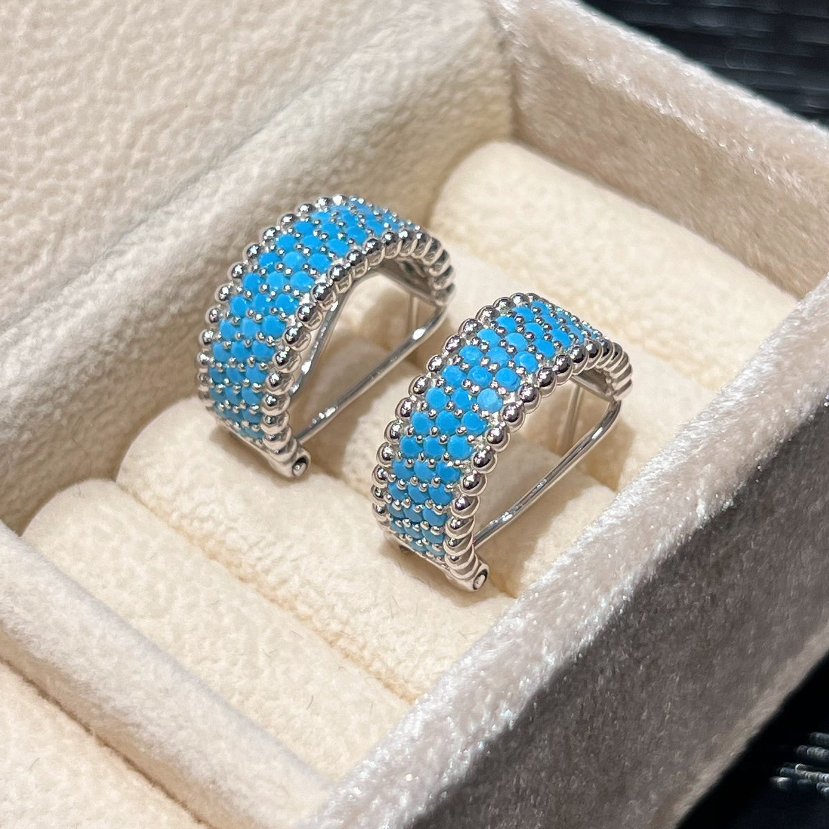 Created Turquoise Pavé C-Hoop Earrings 925 Silver - Side View