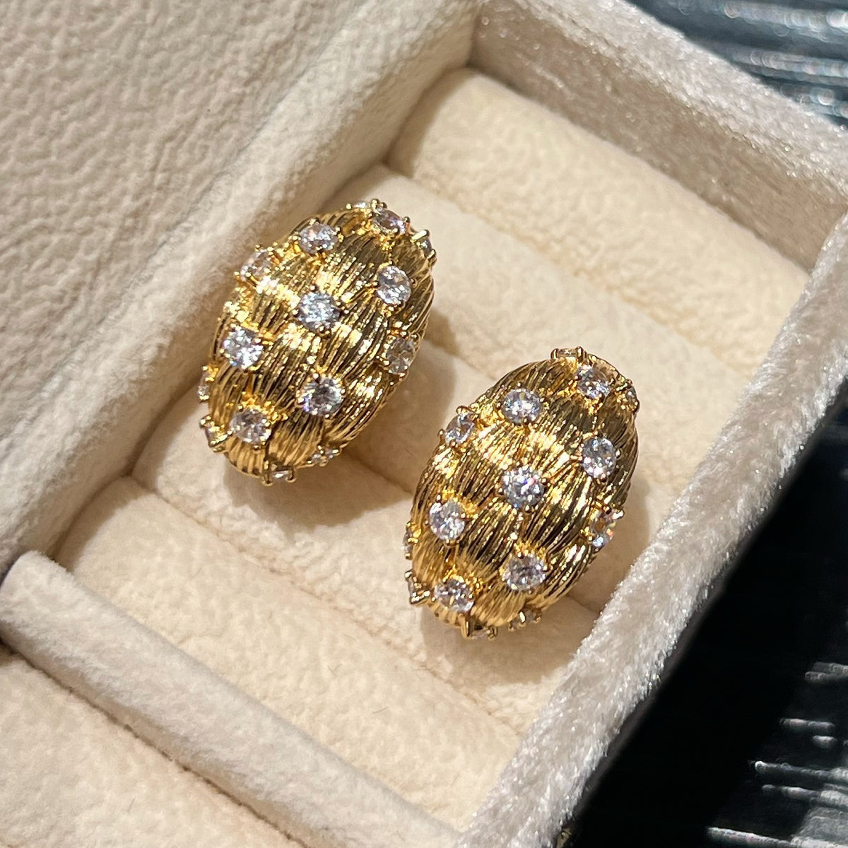 Brushed Gold 5A CZ Oval Stud Earrings 18K Gold Plated 925 Silver - Front View