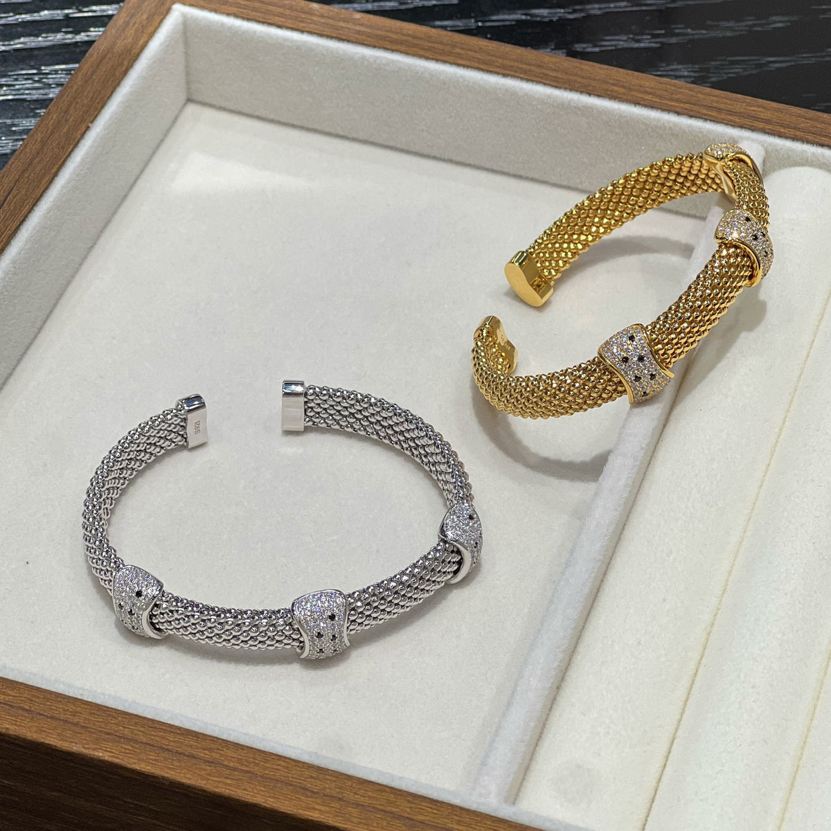 Woven Leopard Cuff Bracelet Pair in 18K Gold Plated 925 Silver