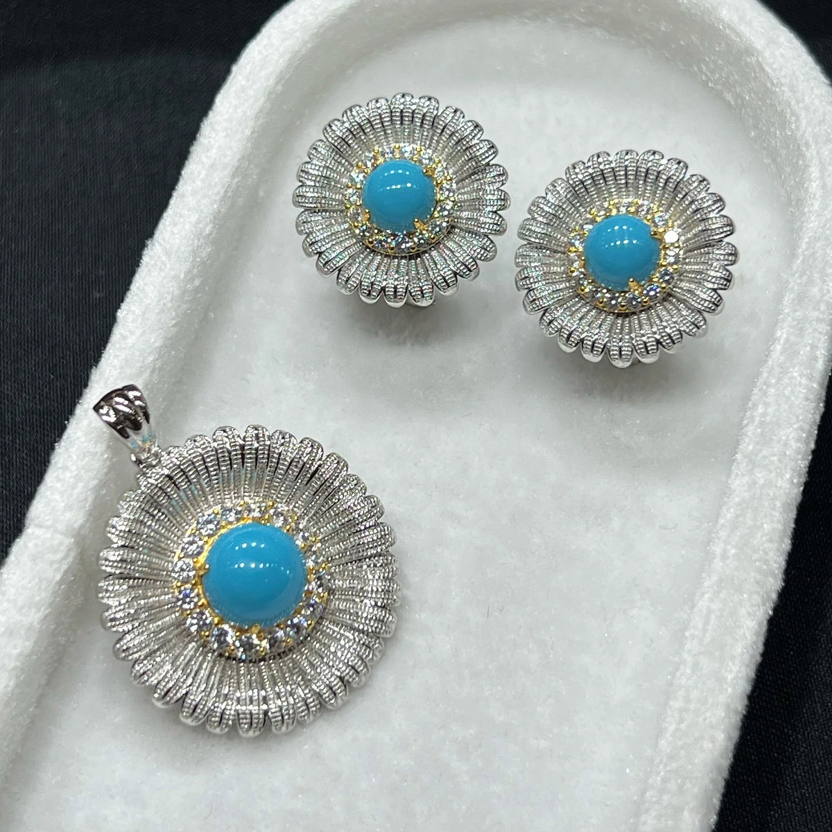 Brushed floral sterling silver earring and pendant set detail