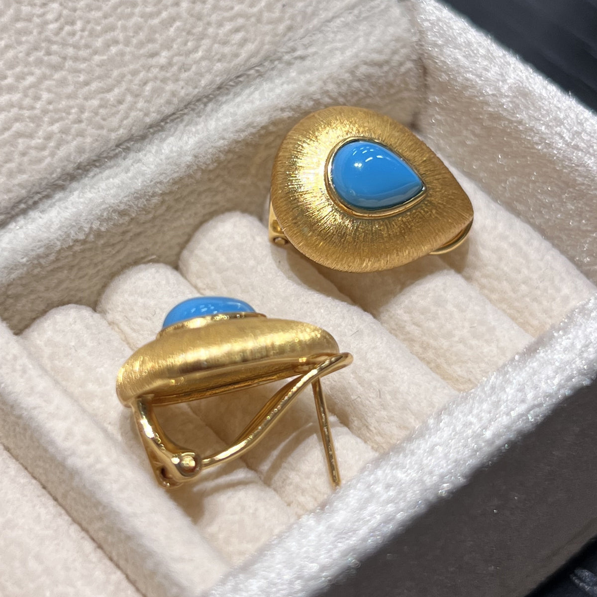 Turquoise Brushed Gold Teardrop Earrings Handheld View - Noble Aurora
