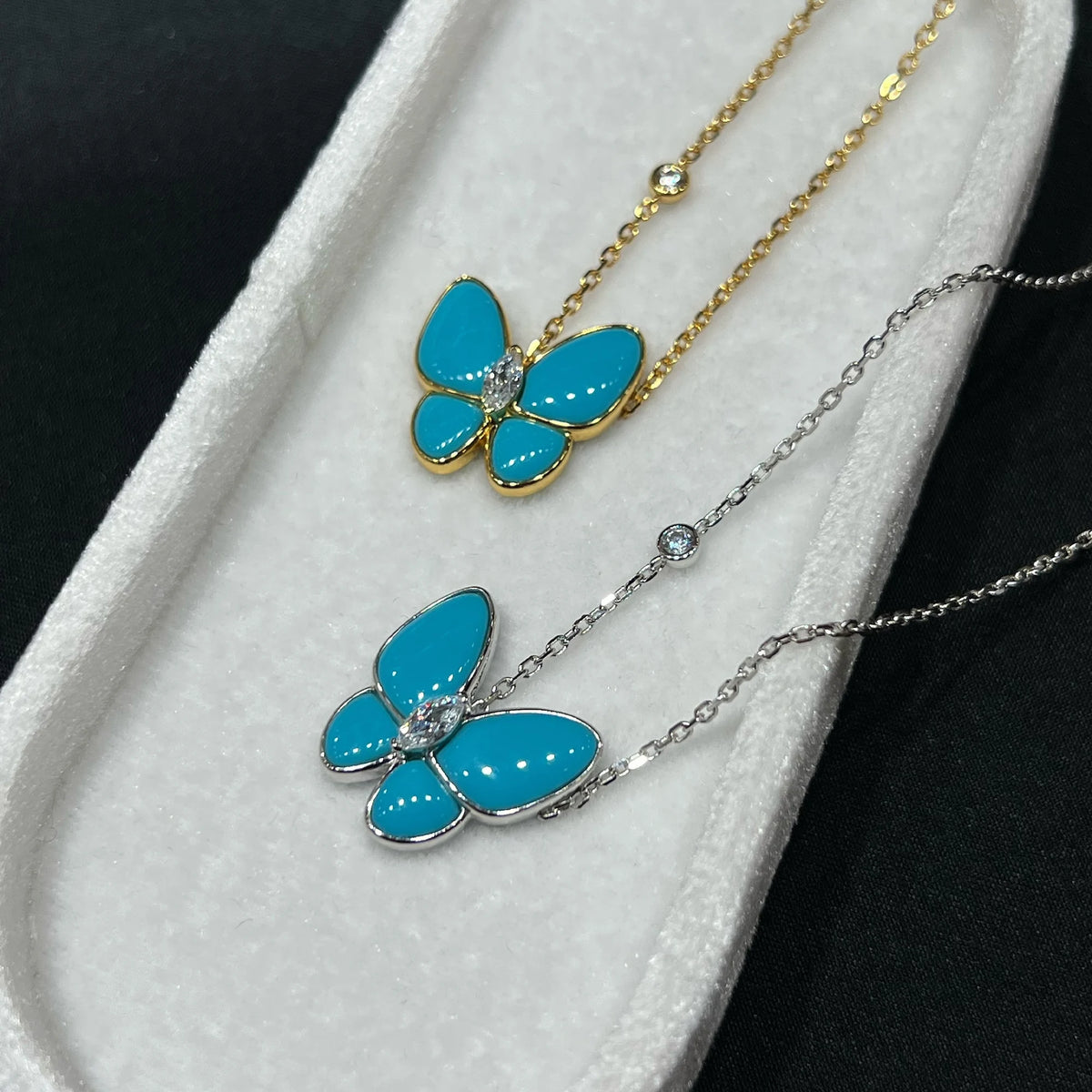 Created turquoise butterfly necklace details in gold and silver finishes