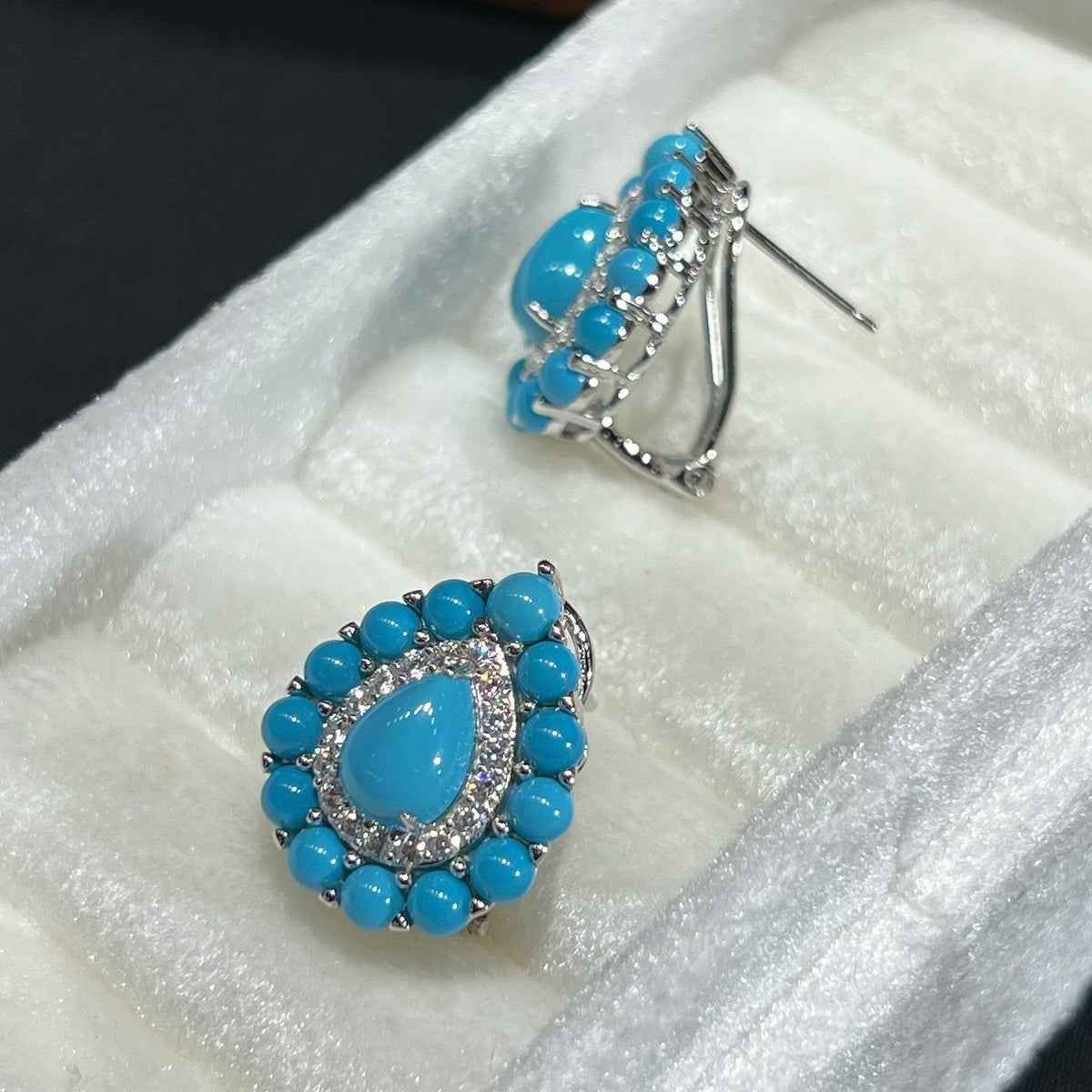 Turquoise Teardrop Stud Earrings Hinged Omega Back Closure Detail - 925 Silver