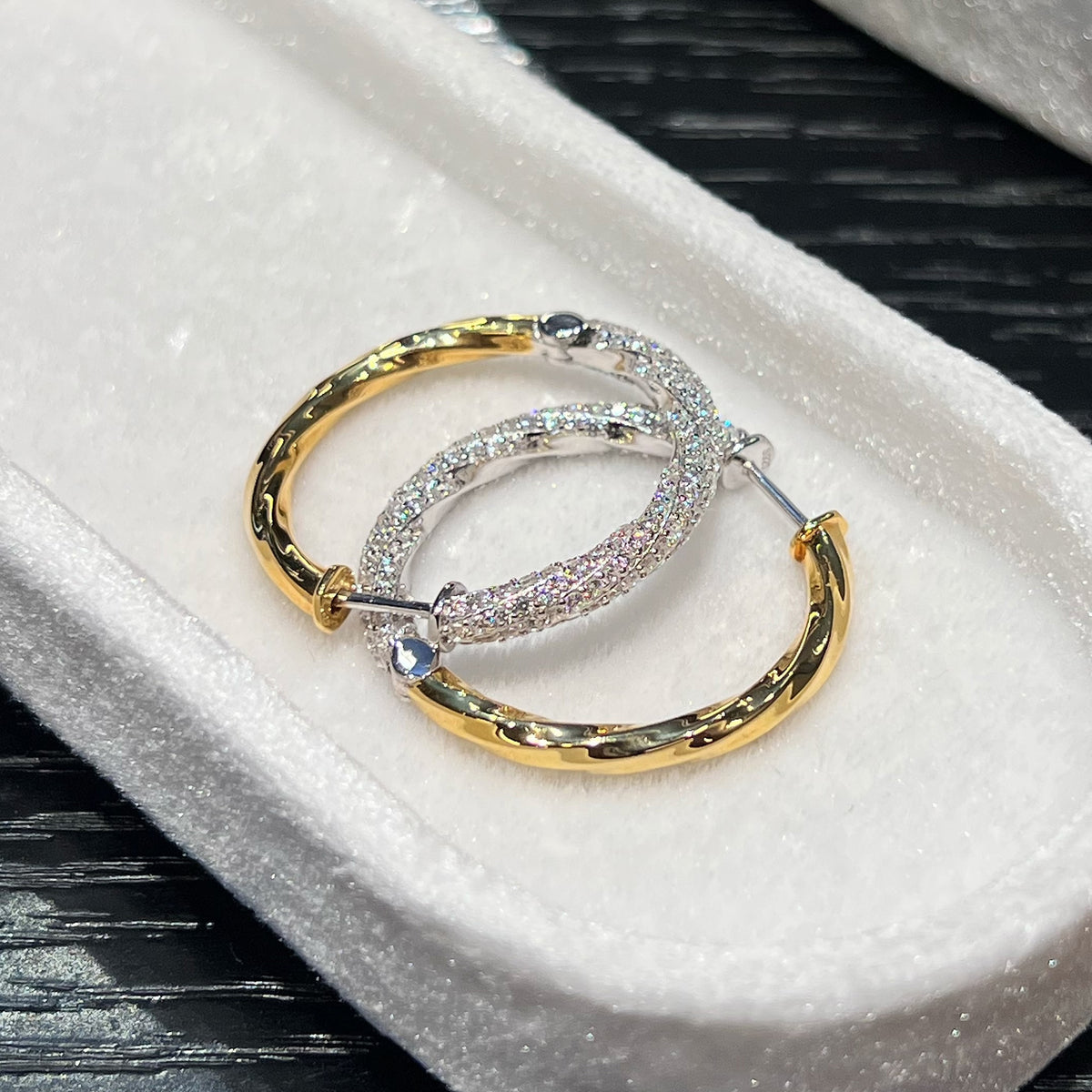 Two-Tone Gold & Silver Pavé CZ Hoop Earrings Detail View - 925 Silver