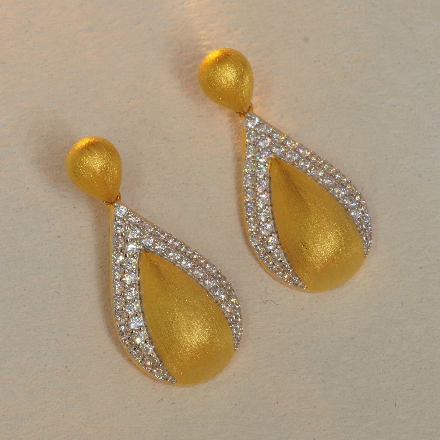 18K gold plated teardrop earrings with clear cubic zirconia halo design