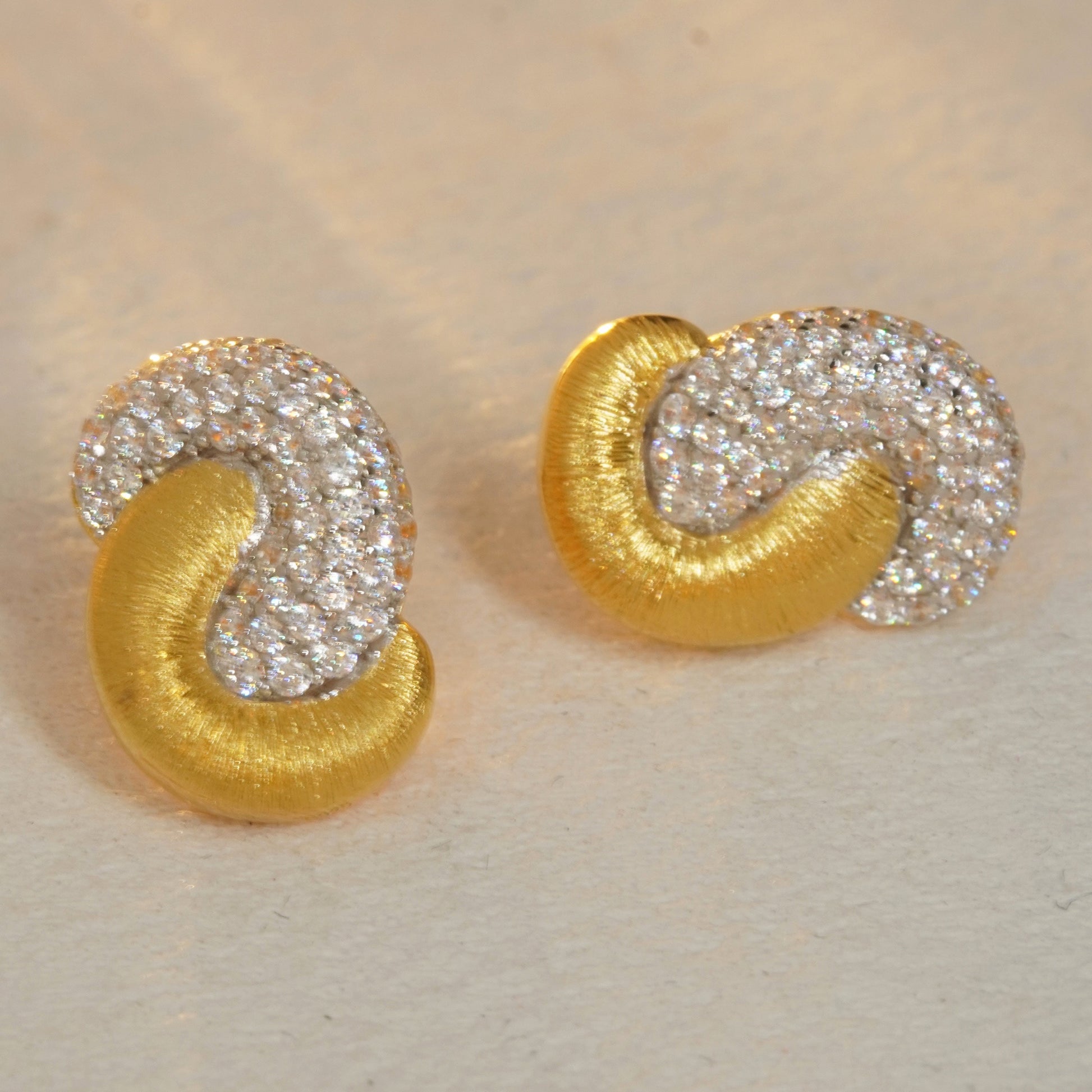 18K gold plated hoop earrings with brushed texture and CZ pavé design